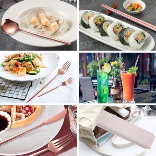 AARAINBOW 8 Pieces Stainless Steel Flatware Set Portable Reusable Cutlery Set Travel Utensils Set Including Chopsticks Knife Fork Spoon Straws Cleaning Brush Dishwasher Safe (Rose Golden) - Image 4