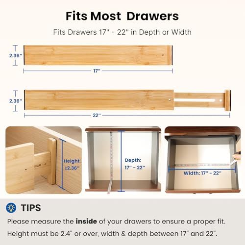 4 Pack 2.36" Bamboo Drawer Dividers, 17-22" Expandable Kitchen Organizers - Image 2