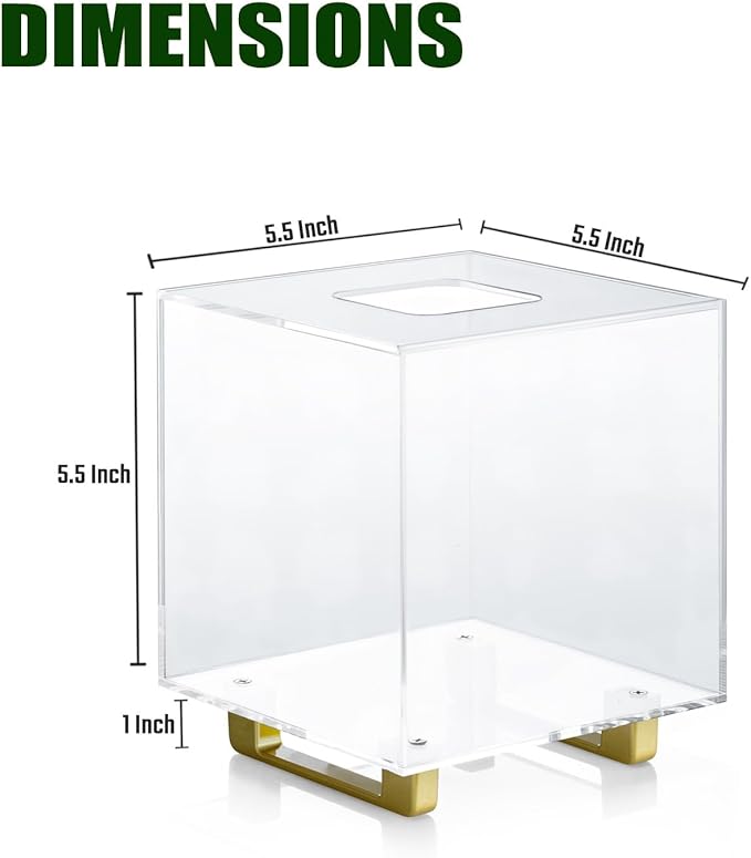 YoBa Thick Clear Acrylic Square Tissue Box Holder with Gold Plated Aluminum Legs for Bathroom, Kitchen, Bedroom, Office, Hotels and Restaurant
