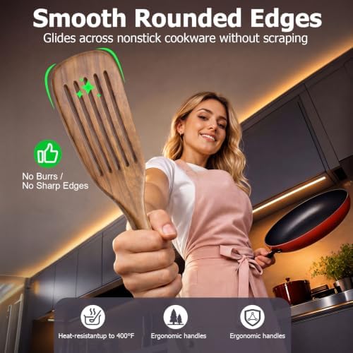 Wooden Spoons for Cooking, 4-Piece Teak Wood Kitchen Utensil Set, Nonstick Safe Wooden Cooking Utensils-Includes Soup Ladle, Pasta Spoon, Slotted Spoon, Salad Fork, for Everyday Meals(A04) - Image 3