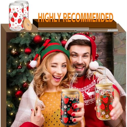 Glass Cups with Lids and Straws with Design Strawberry 4 pcs,Clear Glass Cups 16 oz-DWTS Drinking Glasses Set,Glass Tumbler,Cute Design Glass Iced Coffee Cups with Lids and Straws 480ml - Image 6
