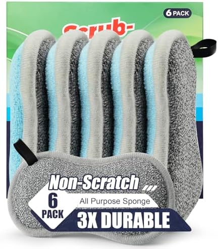 Dual Sided All-Purpose Sponges Kitchen,Dish Sponge for Washing Dishes Cleaning Kitchen,Non Scratch,Rough Scrubbers for Non-Stick Cookware, Soft Microfiber Scrub for Dishes(Bule,6Pack) by PANYEE
