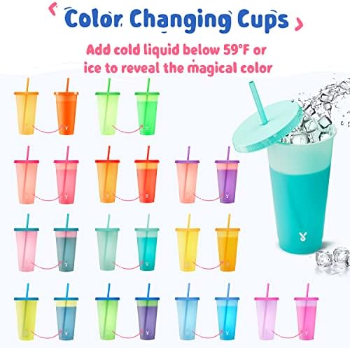Meoky Plastic Color Changing Cups - 12 Pack 24 oz, Reusable with Lids and Straws for Adults, Kids, Parties, Cute Cold Cups for Iced Coffee - Image 2