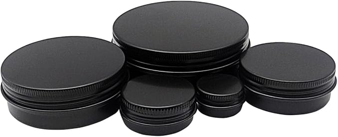 5pack 60ml Aluminum Tin, 1oz Black Metal Jar with Screw Lid, 30ml Empty Makeup Lip Balm Container Travel Cosmetic Pot Cans for DIY Cream Candle Powder Tea Beads (5/15/30/60/100ml, mixed size)