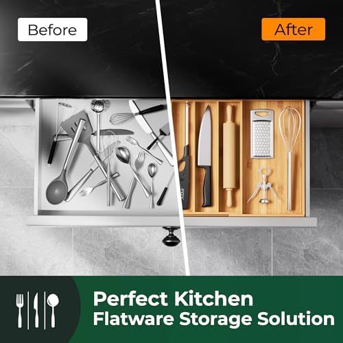 Large Silverware Organizer, 11 Slots Magnetic Connected Expandable Acacia Wood Utensil Drawer Organizer From 21 to 37.4 Inches, Adjustable Flatware and Cutlery Holder, Utensil Tray for Kitchen - Image 7