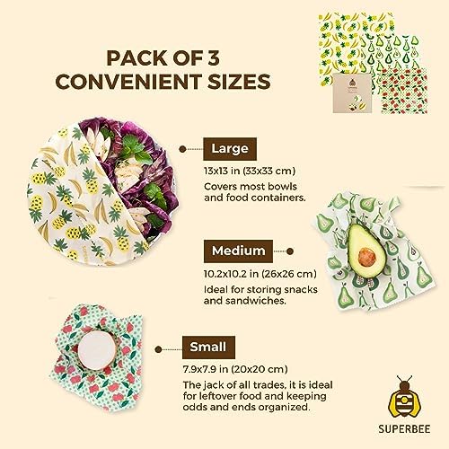 SUPERBEE Beeswax Wrap for Food, Set of 3 Bees Wax Wraps, Reusable Bees Paper for Wrapping Vegetables, Cheese, Bowl Covers and Sandwich Wrapping Paper, Beeswax Food Wraps (Fruit Punch) - Image 2