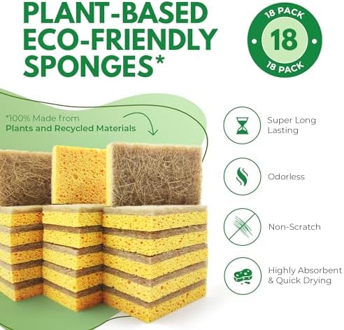 AIRNEX Natural Kitchen Sponges Pack of 18 - Biodegradable Cellulose and Coconut Husk Walnut Scrubbers - Odor Free Non Scratch - Eco Friendly Quick Drying Dishwashing Sponges - Image 2