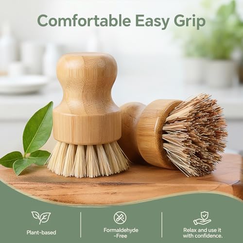 Bamboo Dish Brush Set, 4 Pack, Plastic-Free (2 Medium Sisal, 2 Firm Coconut Coir), Dish Scrubber & Vegetable Brush for Cast Iron, Nonstick - Image 4