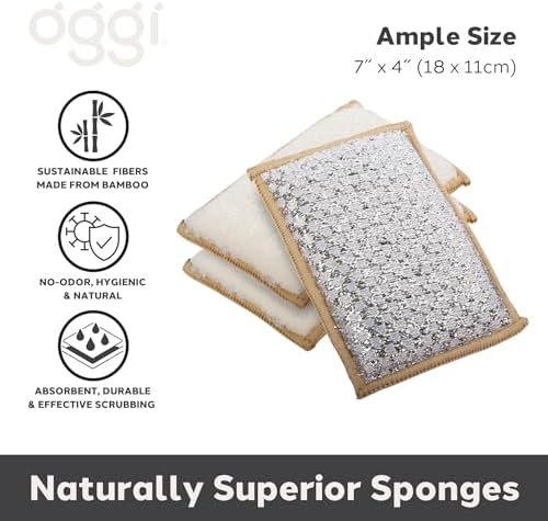 OGGI Bambou Odor-Free Scrubbing Sponges - Natural Scrub Sponges for Dishes, 91% Bamboo-Derived Rayon Cellulose Fiber, Reusable, Absorbent, Durable Scrubbers, Non-Scratch, Washable - 3 pcs, 7x4 - Image 2