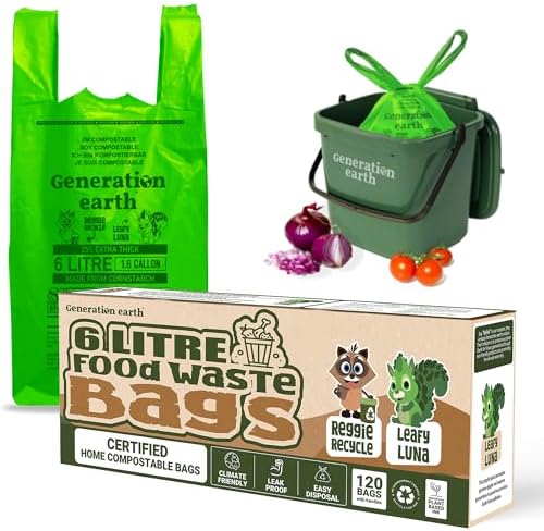 120 Bags 1.6 Gallon (6L) | Tie Handle Compostable Food Waste Bags | BPI Certified Kitchen Countertop Compost Bin Liners | Extra Strong Biodegradable Caddy Bags | Generation earth by Generationearth