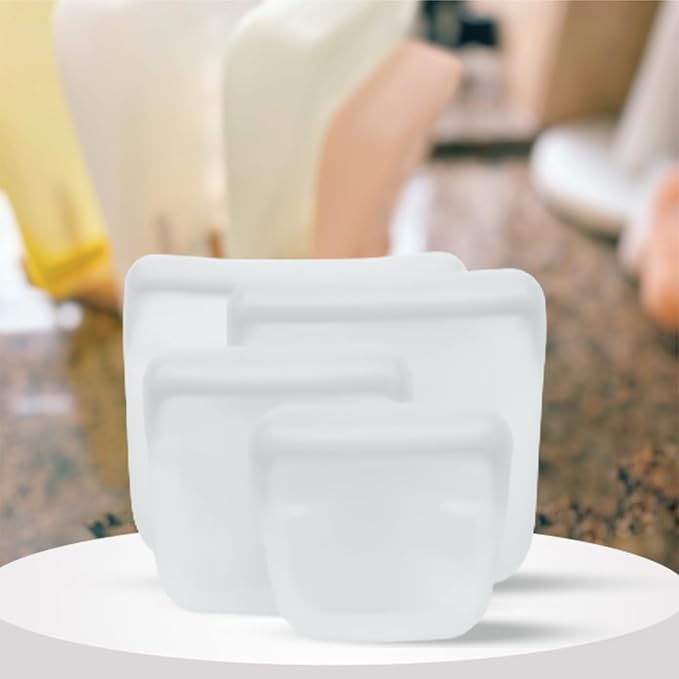 purifyou Set of 5 Reusable Silicone Storage Snack Bags 6oz / 16oz / 32oz / 64oz Self-Seal Food Storage Container for Fruits, Vegetables, Sandwiches, Dishwasher Safe & Leak-free (White, 6oz)