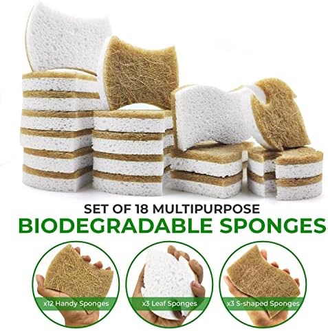 AIRNEX 18 Pack Biodegradable Natural Kitchen Sponge - Compostable Cellulose and Coconut Walnut Scrubber Sponge - Eco Friendly Sponges for Dishes - Image 2