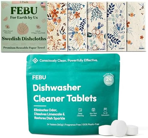 FEBU Save 15% on Swedish Dishcloth + Dishwasher Cleaner Tablets | 5 Pack Fresh Flowers Reusable Paper Towels + 24ct Dish Washer Cleaner Tablets by FEBU