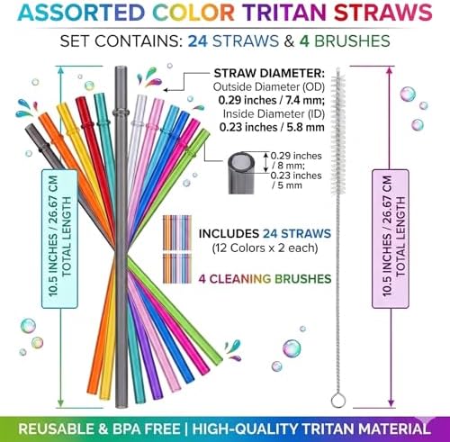 ALINK 24 Pcs Reusable Straws, 10.5 Inch Long Tritan Hard Plastic Straws with 4 Brushes, 12 Colors Clear Repacement Straw for 30oz 20oz 16oz Tumbers, Stanley, Starbucks, YETI, Mason Jars, BPA Free - Image 2