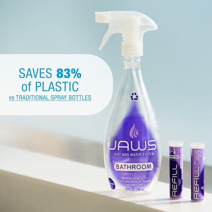 JAWS Foaming Bathroom Cleaner Bottle with 2 Refill Pods. Refillable Cleaning Supplies.