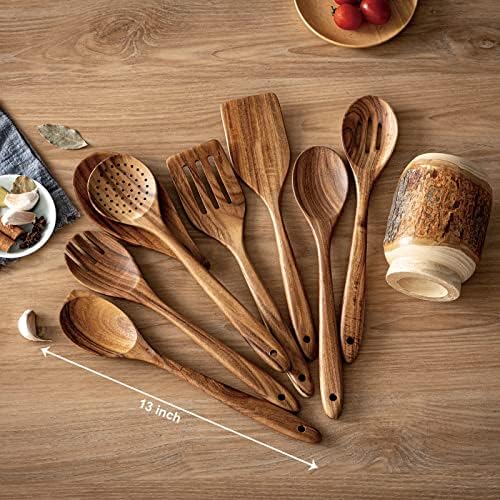 Gudamaye 13 inch Long Wooden Spoons for Cooking,Wooden Utensils for Cooking with Utensils Holder,9 PCES Wooden Kitchen Utensils Set with Utensils Holder and Spoon Rest,Natural Teak Wooden Spoons Set - Image 2