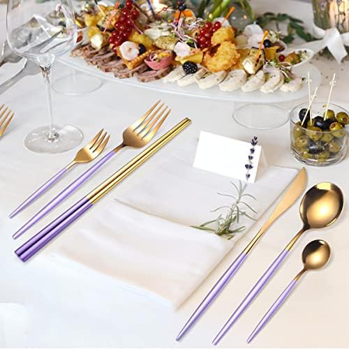 AARAINBOW 8 Pieces Stainless Steel Flatware Set Portable Reusable Cutlery Set Travel Utensils Set Including Chopsticks Knife Fork Spoon Straws Cleaning Brush Dishwasher Safe (Purple Golden) - Image 6