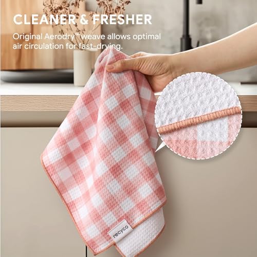 RECYCO Waffle Kitchen Towel Set of 2 - Quick Dry Microfiber Sustainable Dish Towels - Absorbent Reusable Cleaning Tea Towels - Lightweight Hand Towels,16”x 28”, Rose Plaid - Image 5