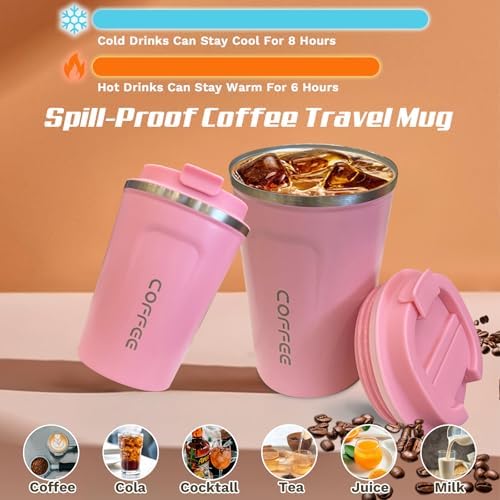 SPLMIFA Travel coffee mugs leak-proof, reusable coffee cups with lids, stainless steel vacuum insulated coffee tumblers, thermal insulation cups for men & women keep drinks hot & cold(2nd-Pink, 12OZ) - Image 2