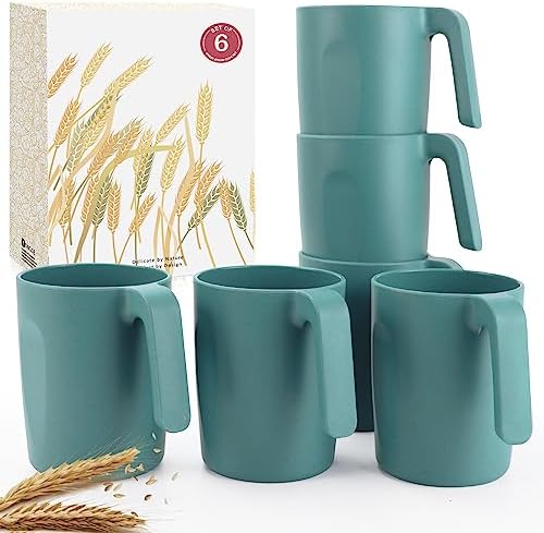 Wrova 16oz Wheat Straw Cups with handles set of 6-Plastic Cups Reusable-Unbreakable Kids Mugs-Dishwasher Safe & Microwave Safe-Ideal Plastic Mugs for Tea,Coffee,Camping,RV-Green by WROVA