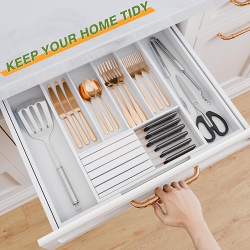 Bamboo Kitchen Silverware Drawer Organizer - Expandable Wood Utensil Holder with Dividers, Luxury Cutlery Storage Tray for Kitchen Utensil and Flatware (5-7 Slots with Removable Knife Block, (White) - Image 4