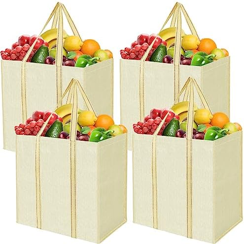 BALEINE 4 PK Grocery Bags Reusable Shopping Bags with Reinforced Bottom, Heavy Duty Foldable Tote Bags (Beige) by BALEINE
