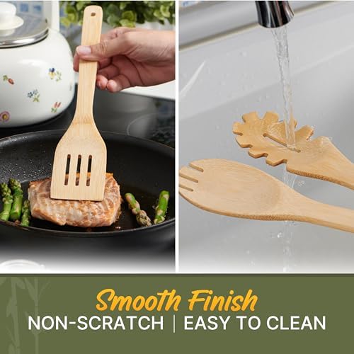 Bamboo Cooking Utensils Set 7 Pcs with Holder, Wooden Spoons for Nonstick - Image 5