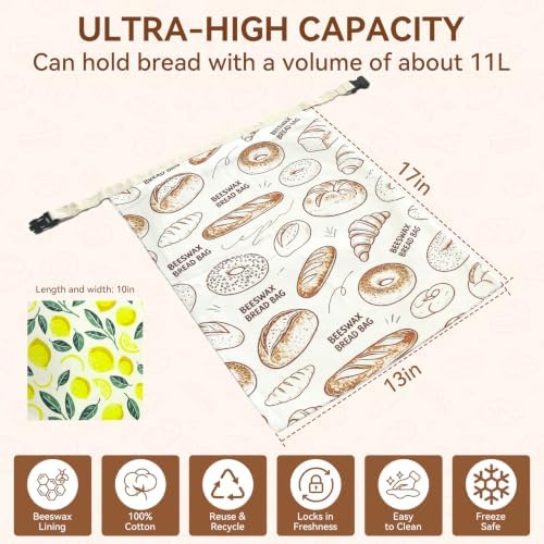 2 Pack Beeswax Bread Bags for Sourdough - 17"x13" Reusable Homemade Bread Keeper Storage Set with 2 Beeswax Food Wraps, Double Seal Zipper & Snap Buckle, Flippable Cleanable Liner, Freezer Safe - Image 3