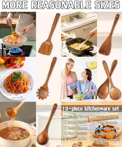 Wooden Spoons for Cooking,Wooden Cooking Utensil Set,10-Piece Wooden Kitchen Utensil Set with Wooden Spoons(A10) - Image 4