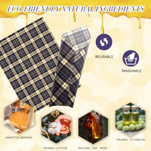 3 Pack 2L & 1XL Reusable Beeswax Wraps for Food, Reusable Beeswax Food Wraps for Bread, Cheese, Fruits, Zero Waste, Plastic-Free Storage, Natural Cotton with Plaid, Floral & Bee Patterns - Image 3