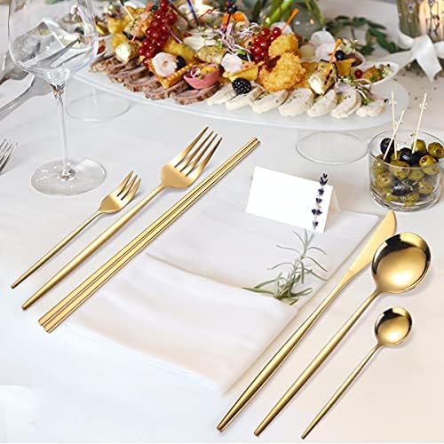 AARAINBOW 8 Pieces Stainless Steel Flatware Set Portable Reusable Cutlery Set Travel Utensils Set Including Chopsticks Knife Fork Spoon Straws Cleaning Brush Dishwasher Safe (Golden) - Image 4