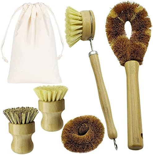 5 Pieces Bamboo Dish Brush Set for Eco-Friendly Home - Wooden Dish Scrubbers, Sustainable Kitchen Cleaning Set, Natural Bristle Dish Brushes for Pots Pans Bottles by CEREM