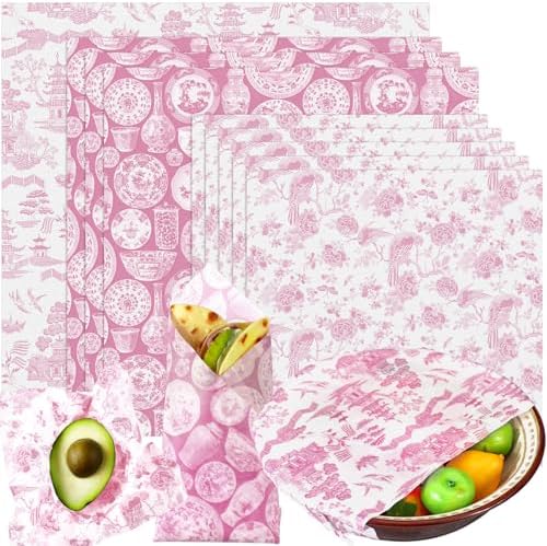 Tigeen 9 Pack Reusable Beeswax Wrap for Food Chinoiserie Beeswax Paper for Sourdough Bread Cheese Paper Wrapping Wax Cloth Food Wraps Bread Sandwich Wrapper 1 XL 3 Medium 5 S(Pink,Chinoiserie) by Tigeen