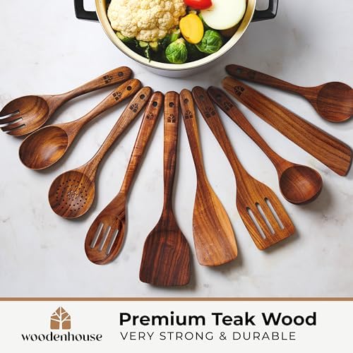Wooden Spoons for Cooking, 12 Pcs Teak Utensil Set with Holder & Hooks - Image 2