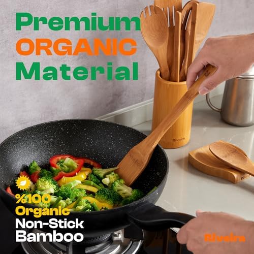 Riveira Dark Bamboo Wooden Spoons for Cooking 3-Piece, Apartment Essentials Wood Spatula Spoon Nonstick Kitchen Utensil Set Premium Quality Housewarming Gifts for Everyday Use - Image 2