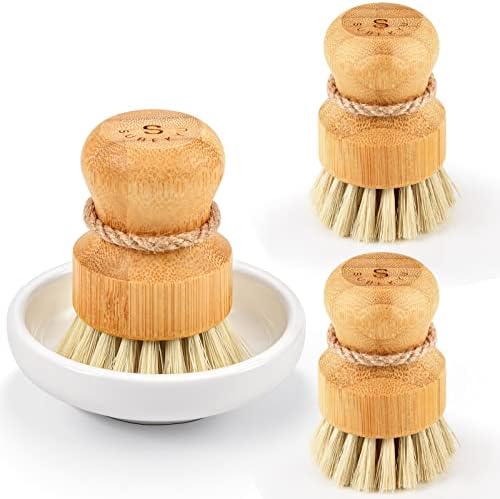 SUBEKYU Bamboo Dish Scrub Brush,Produce Brush,3 Pack with Ceramic Holder by SUBEKYU