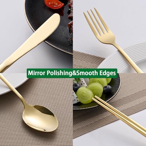 DEHOV Gold Travel Utensils Set With Pouch,Outdoor Camping Silverware Set For Picnic Gadgets,Set Of 5 Portable Cutlery Spoon And Fork Set With Case For Dining - Image 5