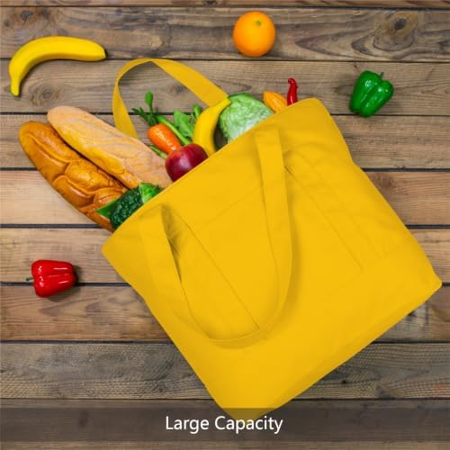 TOPDesign 3-Pack Canvas Tote Bags with an External Pocket, Reusable Grocery Shopping Bags, Top Zipper Closure, Daily Essentials (Yellow) - Image 3