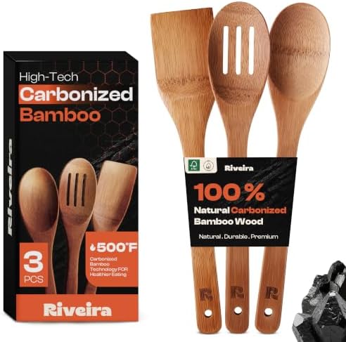 Riveira Dark Bamboo Wooden Spoons for Cooking 3-Piece, Apartment Essentials Wood Spatula Spoon Nonstick Kitchen Utensil Set Premium Quality Housewarming Gifts for Everyday Use by Riveira