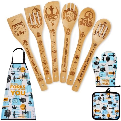 Star Gifts for Women,Home Decor,Kitchen Utensils Set,Wooden Cooking Spoons with Apron Oven Mitt Potholder for Fans,Best Birthday Wedding and Housewarming Christmas Presents 9 pcs by mivishhy