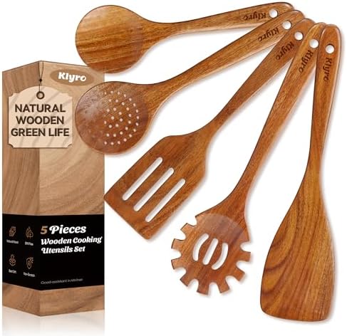 Teak Kitchen Utensils Set, 5 Piece Premium Wooden Cooking Utensils Set, Non-Stick Heat-Resistant Wooden Spoons for Cooking, New Apartment Essentials by KLYRO