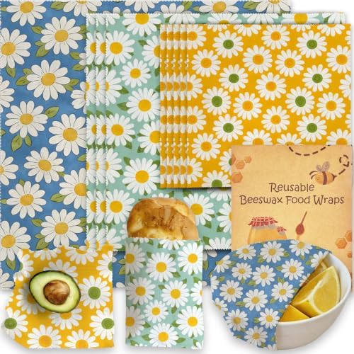 Reusable Beeswax Wraps, Daisy Beeswax Wraps, 9 Pack Eco-Friendly Food Storage, Organic, Sustainable, Zero Waste, Plastic-Free, Sandwich, Bread, Bowl Cover, 1XL, 3M, 5S by Unknown