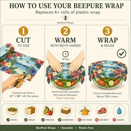 Reusable Beeswax Food Wrap Roll - Cut-to-Size 15 x 80 in, Eco-Friendly Food Storage Wrap, Tropical Hibiscus Bees in Paradise Design - Image 5
