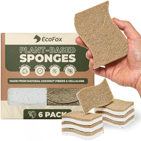 Plant-Based Kitchen Sponges (6 Pack) | USDA Biobased Certified | FSC & PETA Approved | Natural Cellulose & Coconut Scrubber Sponge | S-Shaped Design | Eco-Friendly, Non-Scratch, Non-Toxic & Vegan by EcoFox
