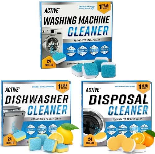 Washing Machine Dishwasher & Disposal Cleaning Tablets - Appliance Refresh Bundle Includes 12 Month Supply Cleaner Deodorizer, Washer Descaler, Disposer Freshener Deep 72 by ACTIVE