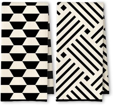 Black and White Kitchen Towels Set of 2, Boho Minimalist Abstract Dish Tea Towels for Kitchen Decor, Retro Mid Century Modern Hand Towels for Bathroom Decor, 16x24 Inches by Unknown