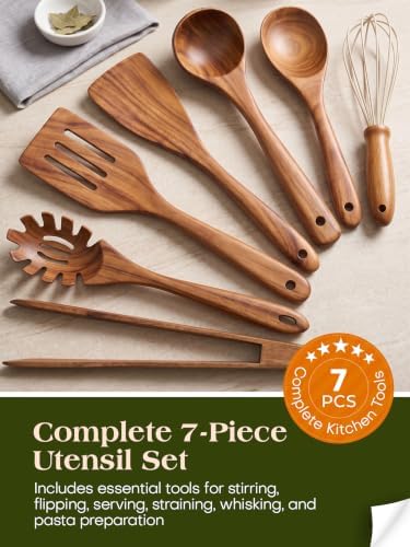 AIUHI Nonstick Wooden Utensil Set for Cooking, Handmade Smooth Finish Teak Wood Spoons Spatula Turner for Cooking and Kitchen Gifts (7Pcs) - Image 2