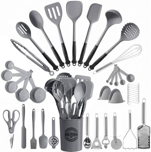 Kikcoin 43 PCS Silicone Kitchen Utensils Set, Dishwasher Safe Kitchen Cooking Utensils Set, 446°F Spatulas Silicone Heat Resistant, Non Toxic Silicone Utensils Set With Two-Tone Grip Handles, Gray by Kikcoin