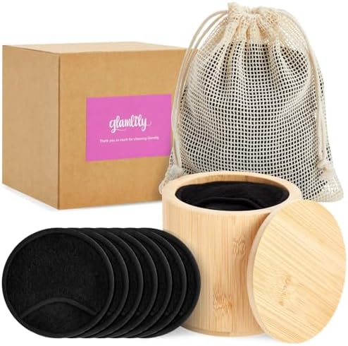 18 Pack Reusable Cotton Rounds for Makeup Removal with Bamboo Holder and Mesh Storage Bag (Black) by Glamlily