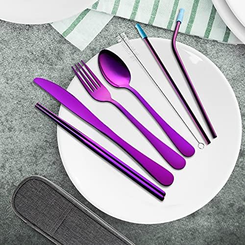 Travel Utensils Set with Case Reusable Portable Cutlery Set Stainless Steel 8pcs Including Dinner Knife Fork Spoon Chopsticks straws (Purple) - Image 2